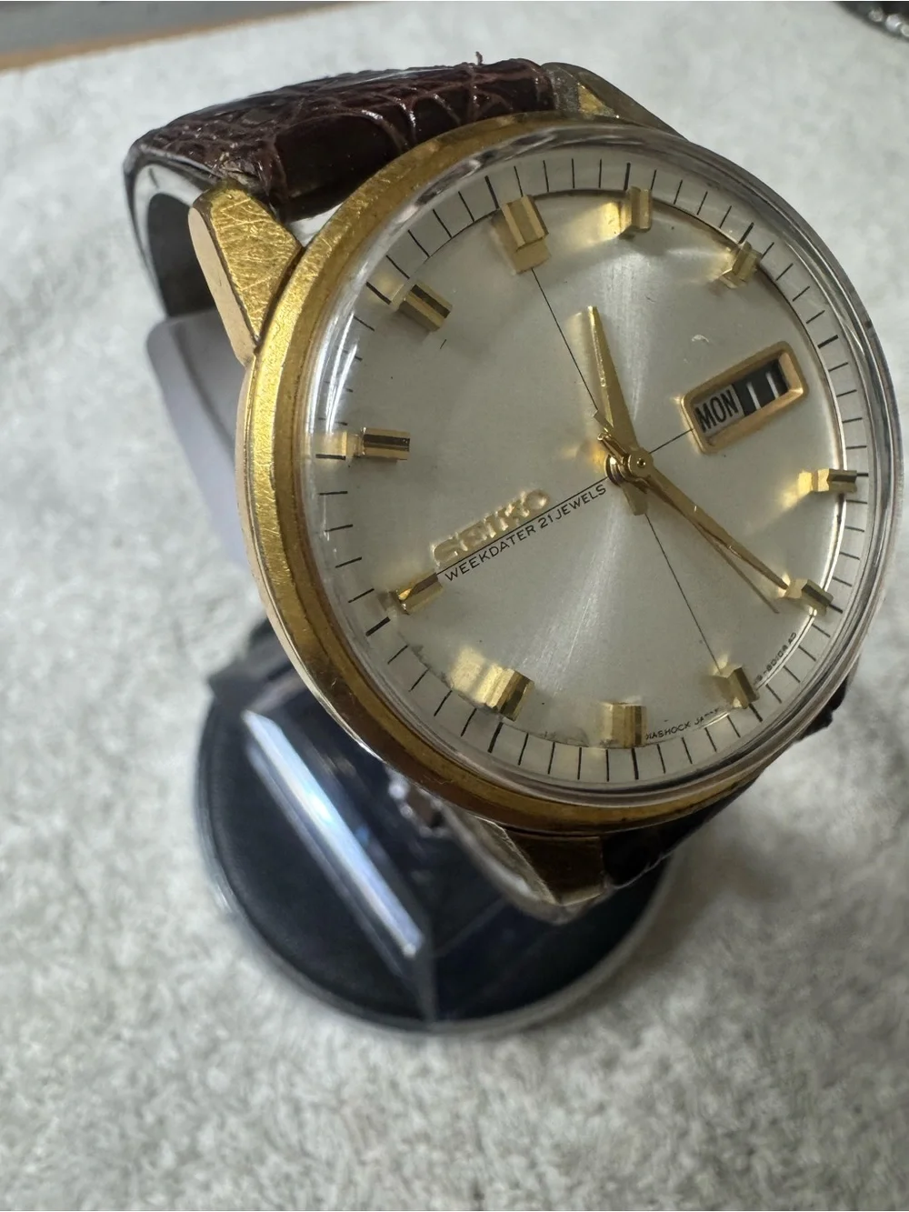 Seiko Gold Tone Weekdater Wristwatch - Silver Dial, Brown Strap